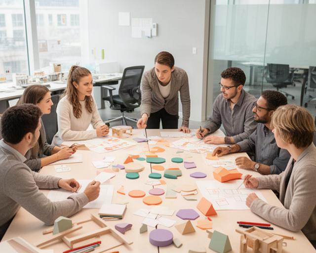 Partecipanti riuniti attorno a un tavolo durante un esercizio di design thinking in una sala luminosa